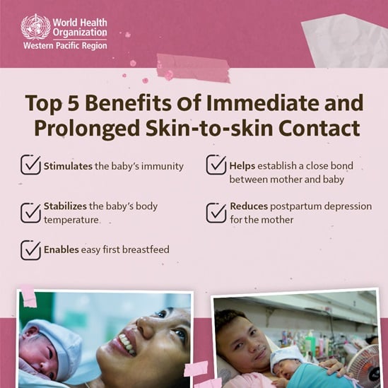Parent with newborn baby on their chest performing skin-to-skin contact